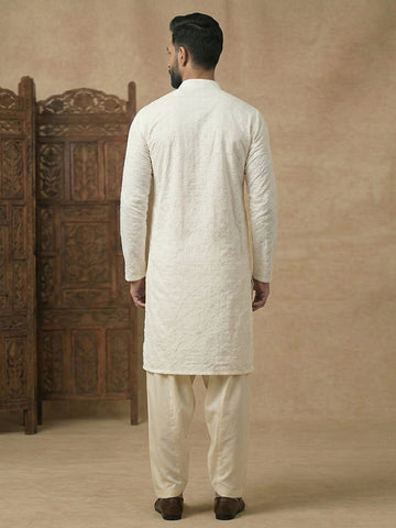 Men's Off-White Chikankari Kurta with Beige Patiala Set