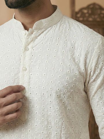 Men's Off-White Chikankari Kurta with Beige Patiala Set
