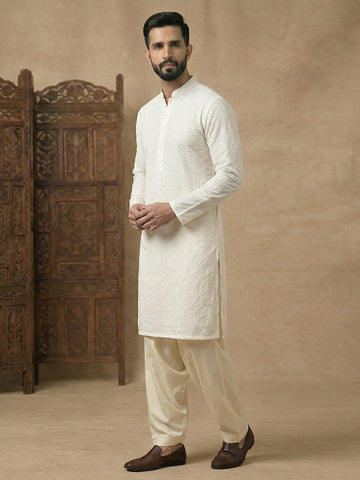 Men's Off-White Chikankari Kurta with Beige Patiala Set