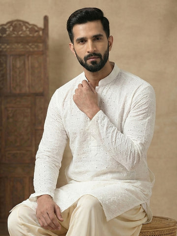 Men's Off-White Chikankari Kurta with Beige Patiala Set