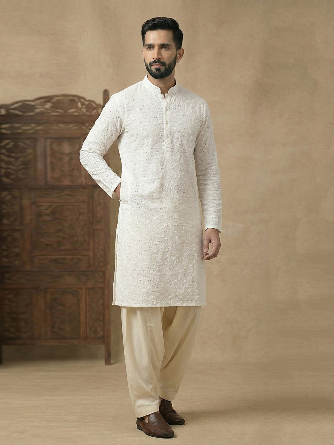 Men's Off-White Chikankari Kurta with Beige Patiala Set