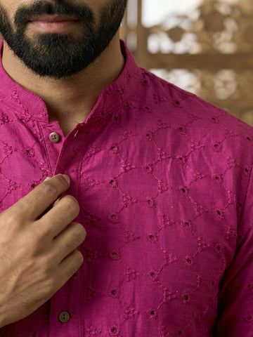 Men's Magenta Chikankari Kurta with Cream Patiala Salwar Set