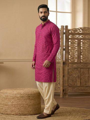 Men's Magenta Chikankari Kurta with Cream Patiala Salwar Set