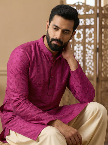 Men's Magenta Chikankari Kurta with Cream Patiala Salwar Set