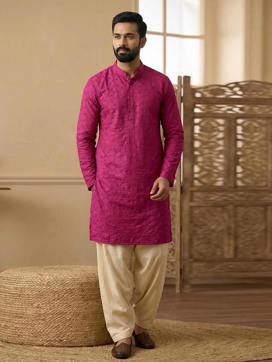 Men's Magenta Chikankari Kurta with Cream Patiala Salwar Set