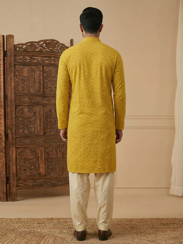 Men's Mustard Yellow Chikankari Kurta with Off-White Patiala Set
