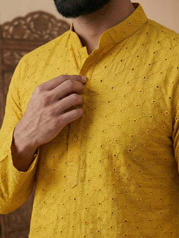Men's Mustard Yellow Chikankari Kurta with Off-White Patiala Set