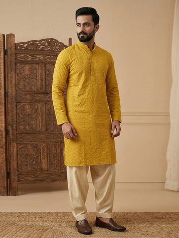 Men's Mustard Yellow Chikankari Kurta with Off-White Patiala Set