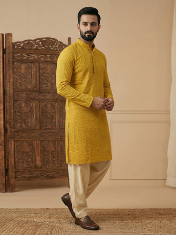 Men's Mustard Yellow Chikankari Kurta with Off-White Patiala Set
