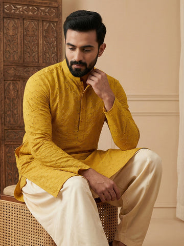Men's Mustard Yellow Chikankari Kurta with Off-White Patiala Set
