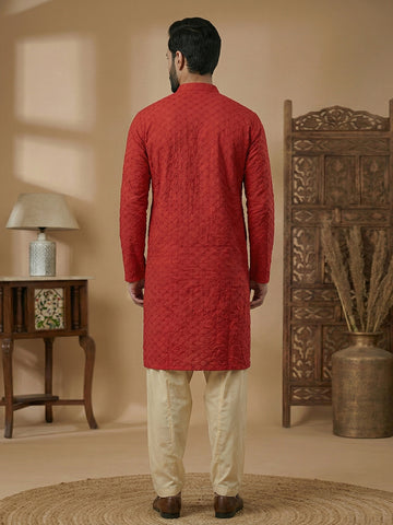 Men's Crimson Red Embroidered Kurta with Off-White Patiala Salwar Set