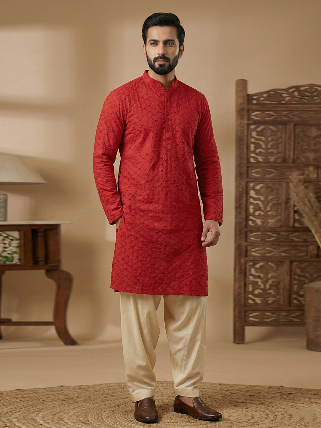 Men's Crimson Red Embroidered Kurta with Off-White Patiala Salwar Set