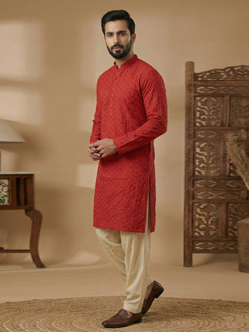 Men's Crimson Red Embroidered Kurta with Off-White Patiala Salwar Set