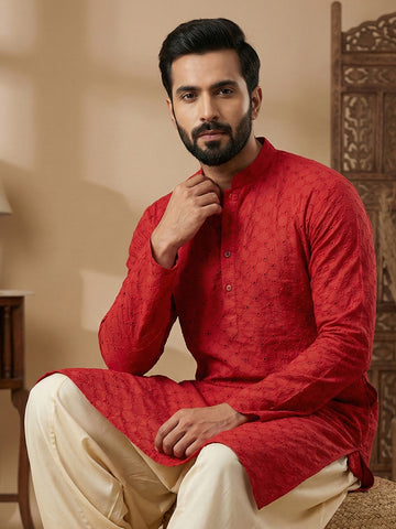 Men's Crimson Red Embroidered Kurta with Off-White Patiala Salwar Set