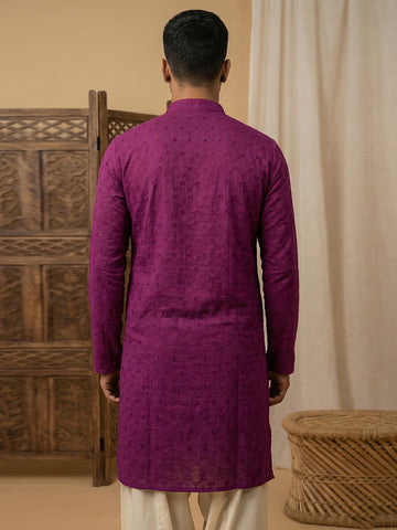 Men's Plum Purple Embroidered Kurta with Cream Patiala Salwar Set