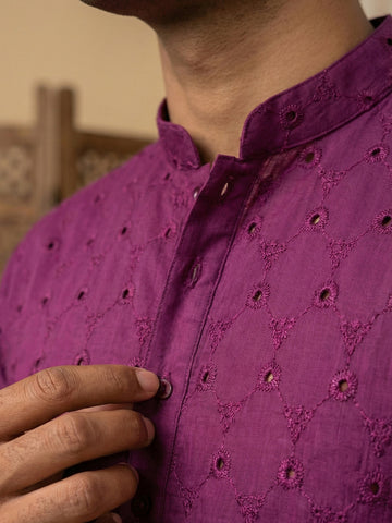 Men's Plum Purple Embroidered Kurta with Cream Patiala Salwar Set
