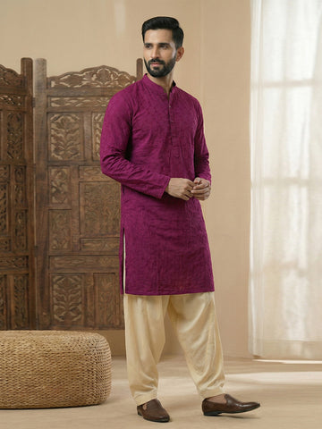Men's Plum Purple Embroidered Kurta with Cream Patiala Salwar Set
