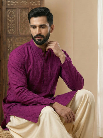 Men's Plum Purple Embroidered Kurta with Cream Patiala Salwar Set