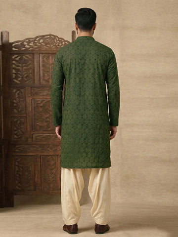 Men's Olive Green Embroidered Kurta with Cream Patiala Salwar Set