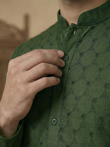 Men's Olive Green Embroidered Kurta with Cream Patiala Salwar Set