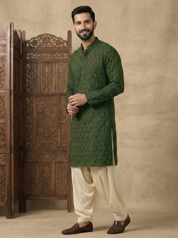Men's Olive Green Embroidered Kurta with Cream Patiala Salwar Set