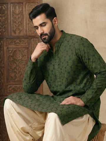 Men's Olive Green Embroidered Kurta with Cream Patiala Salwar Set