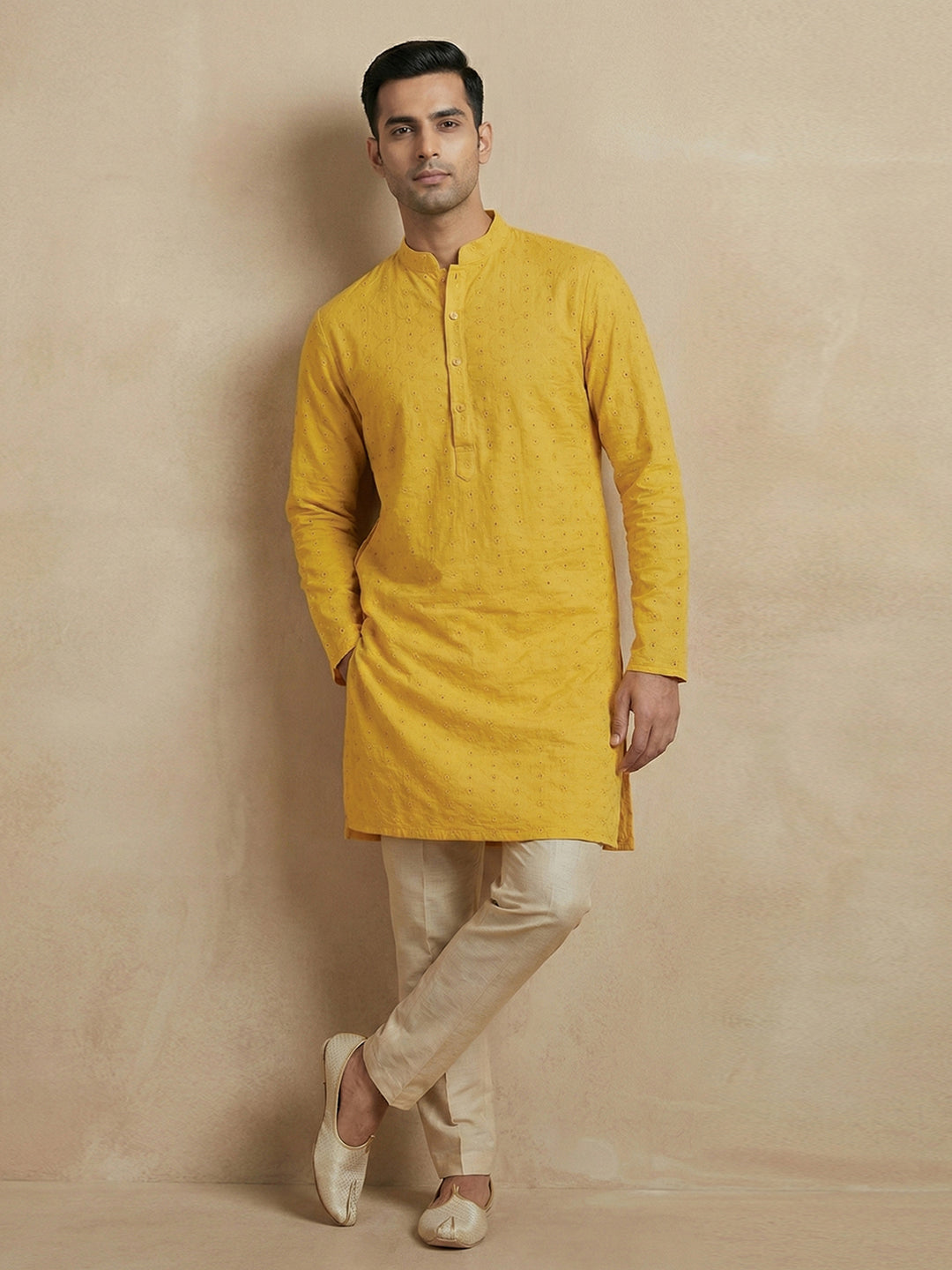 Mustard Yellow Embroidered Cotton Kurta & Pant Set