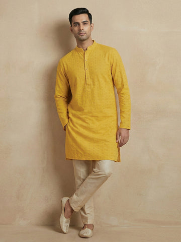 Mustard Yellow Embroidered Cotton Kurta & Pant Set