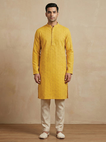 Mustard Yellow Embroidered Cotton Kurta & Pant Set