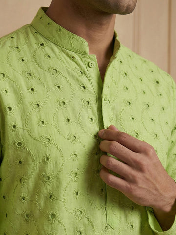 Men's Lime Green Chikankari Kurta with Beige Patiala Salwar Set