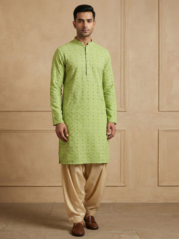 Men's Lime Green Chikankari Kurta with Beige Patiala Salwar Set