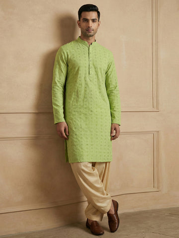 Men's Lime Green Chikankari Kurta with Beige Patiala Salwar Set