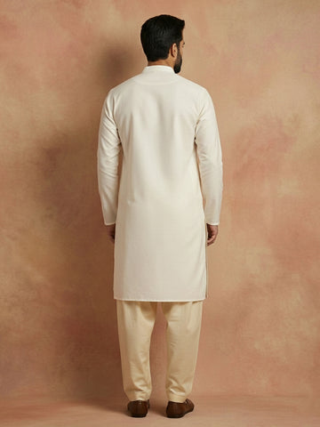 Men's Off-White Embroidered Kurta & Beige Patiala Salwar Set
