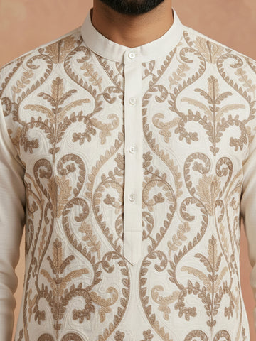 Men's Off-White Embroidered Kurta & Beige Patiala Salwar Set