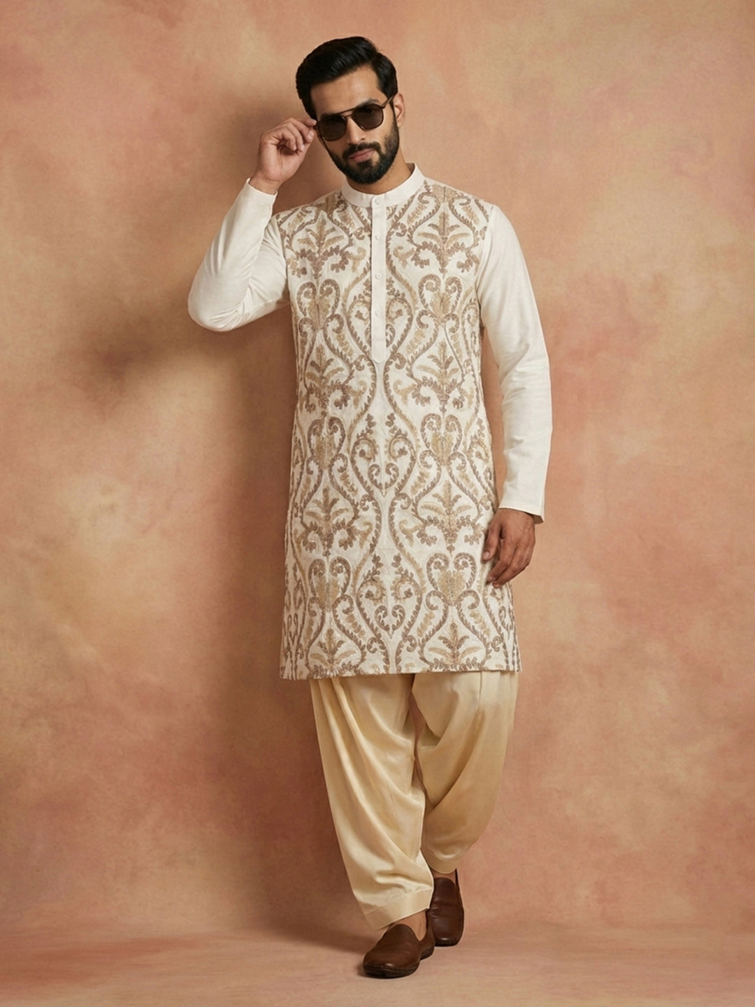 Men's Off-White Embroidered Kurta & Beige Patiala Salwar Set