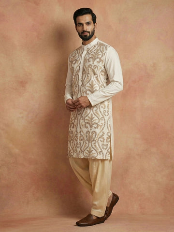 Men's Off-White Embroidered Kurta & Beige Patiala Salwar Set