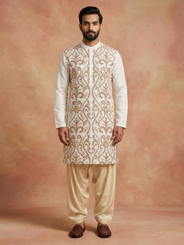 Men's Off-White Embroidered Kurta & Beige Patiala Salwar Set