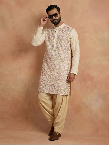 Men's Ivory Cream Floral Embroidered Kurta with Patiala Salwar Set