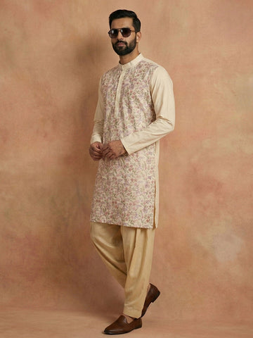 Men's Ivory Cream Floral Embroidered Kurta with Patiala Salwar Set