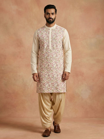 Men's Ivory Cream Floral Embroidered Kurta with Patiala Salwar Set