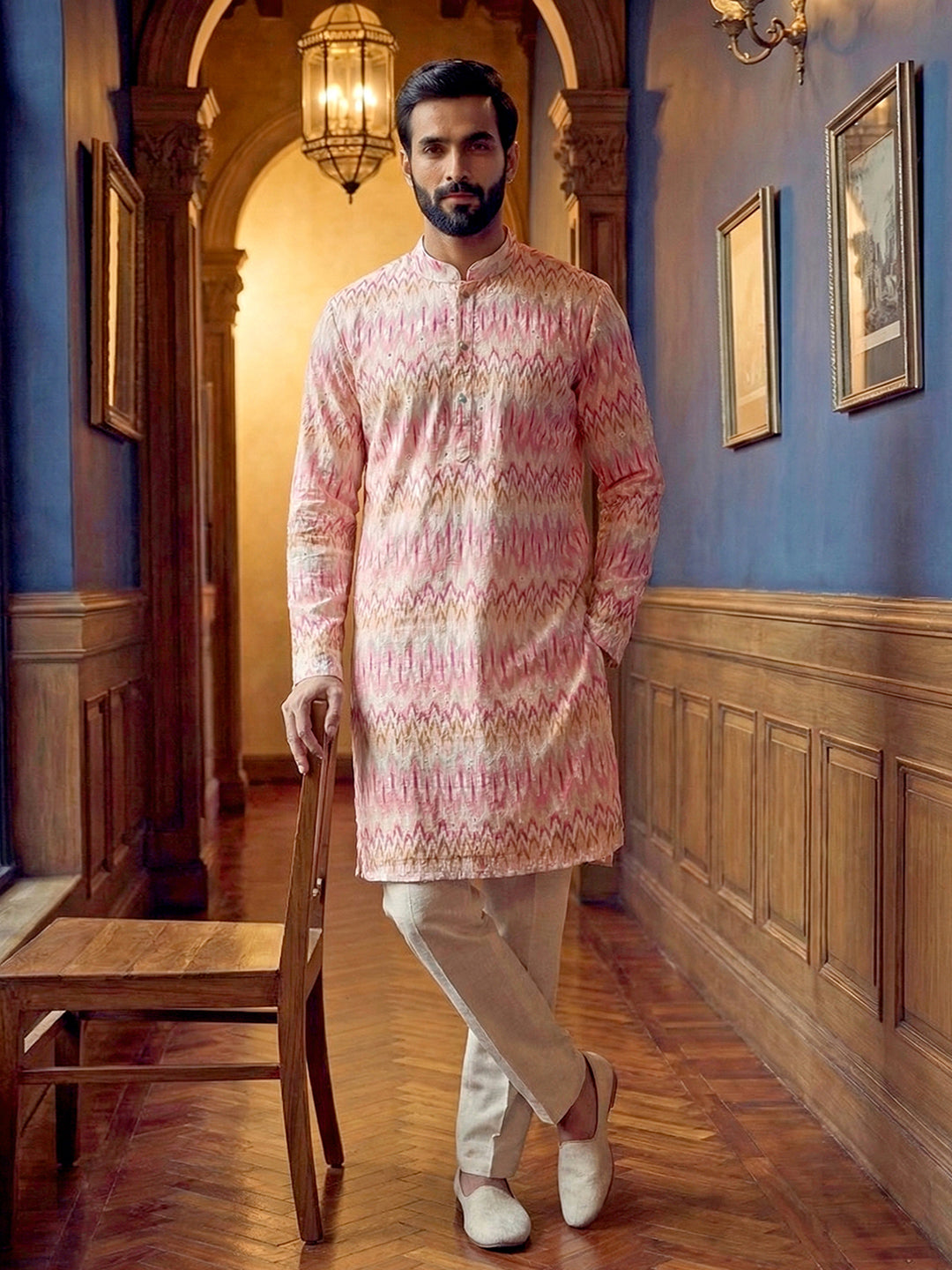 Men's Pastel Pink Chevron Patterned Kurta with Off-White Pants Set