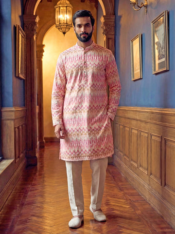 Men's Pastel Pink Chevron Patterned Kurta with Off-White Pants Set
