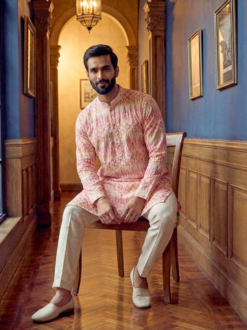 Men's Pastel Pink Chevron Patterned Kurta with Off-White Pants Set