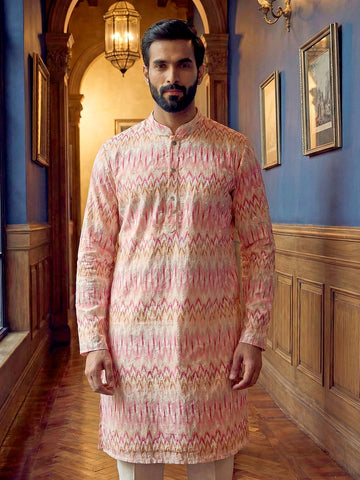 Men's Pastel Pink Chevron Patterned Kurta with Off-White Pants Set