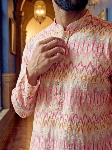 Men's Pastel Pink Chevron Patterned Kurta with Off-White Pants Set