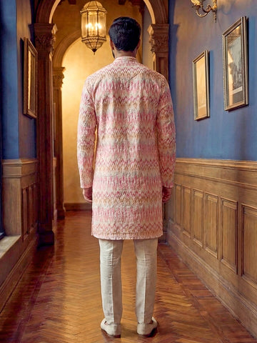 Men's Pastel Pink Chevron Patterned Kurta with Off-White Pants Set