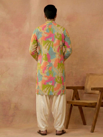 Men's Multicolor Abstract Print Kurta with Off-White Patiala Salwar Set