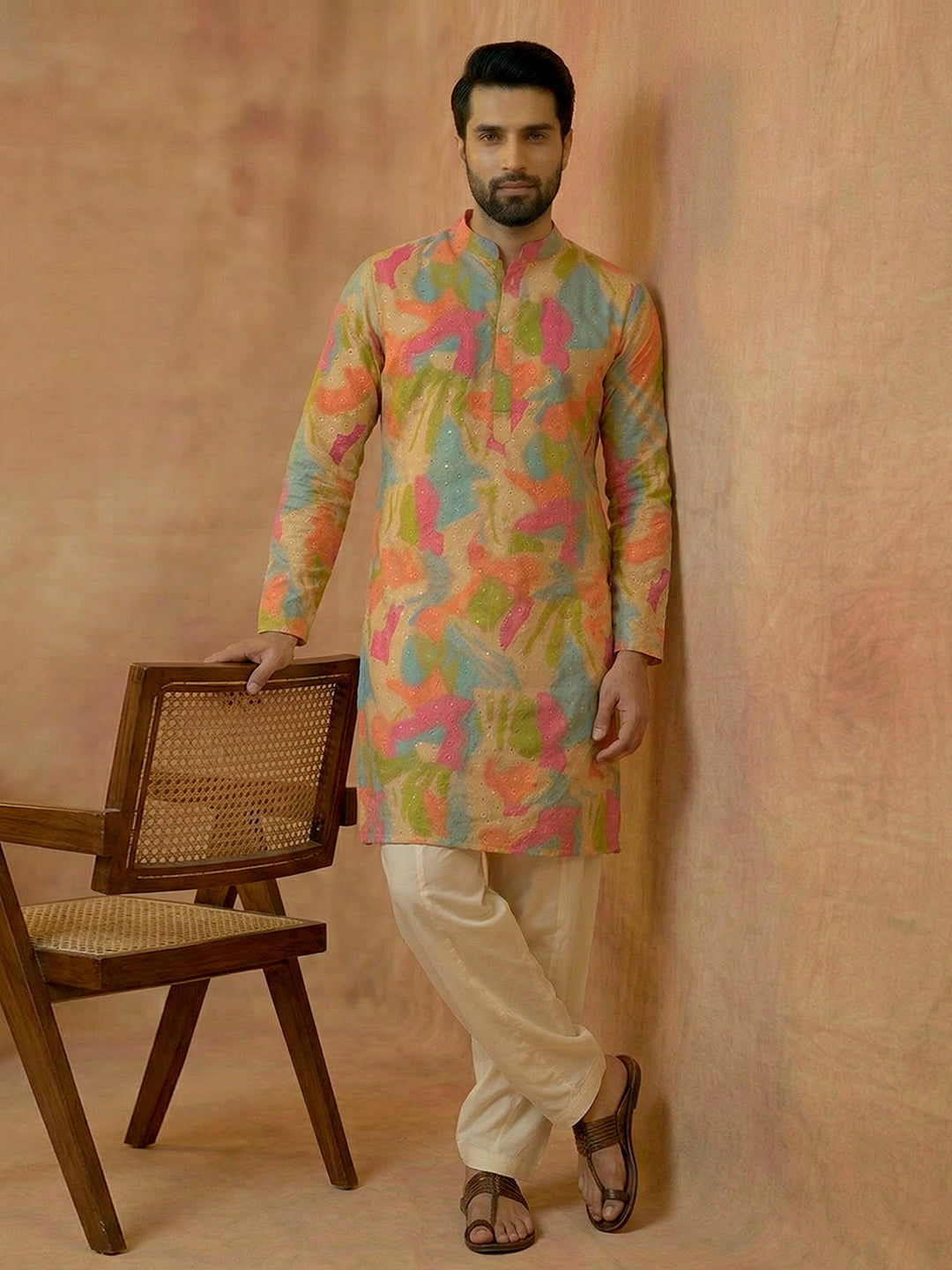 Men's Multicolor Abstract Print Kurta with Off-White Patiala Salwar Set