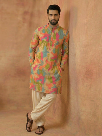 Men's Multicolor Abstract Print Kurta with Off-White Patiala Salwar Set