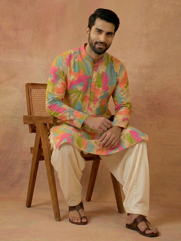 Men's Multicolor Abstract Print Kurta with Off-White Patiala Salwar Set
